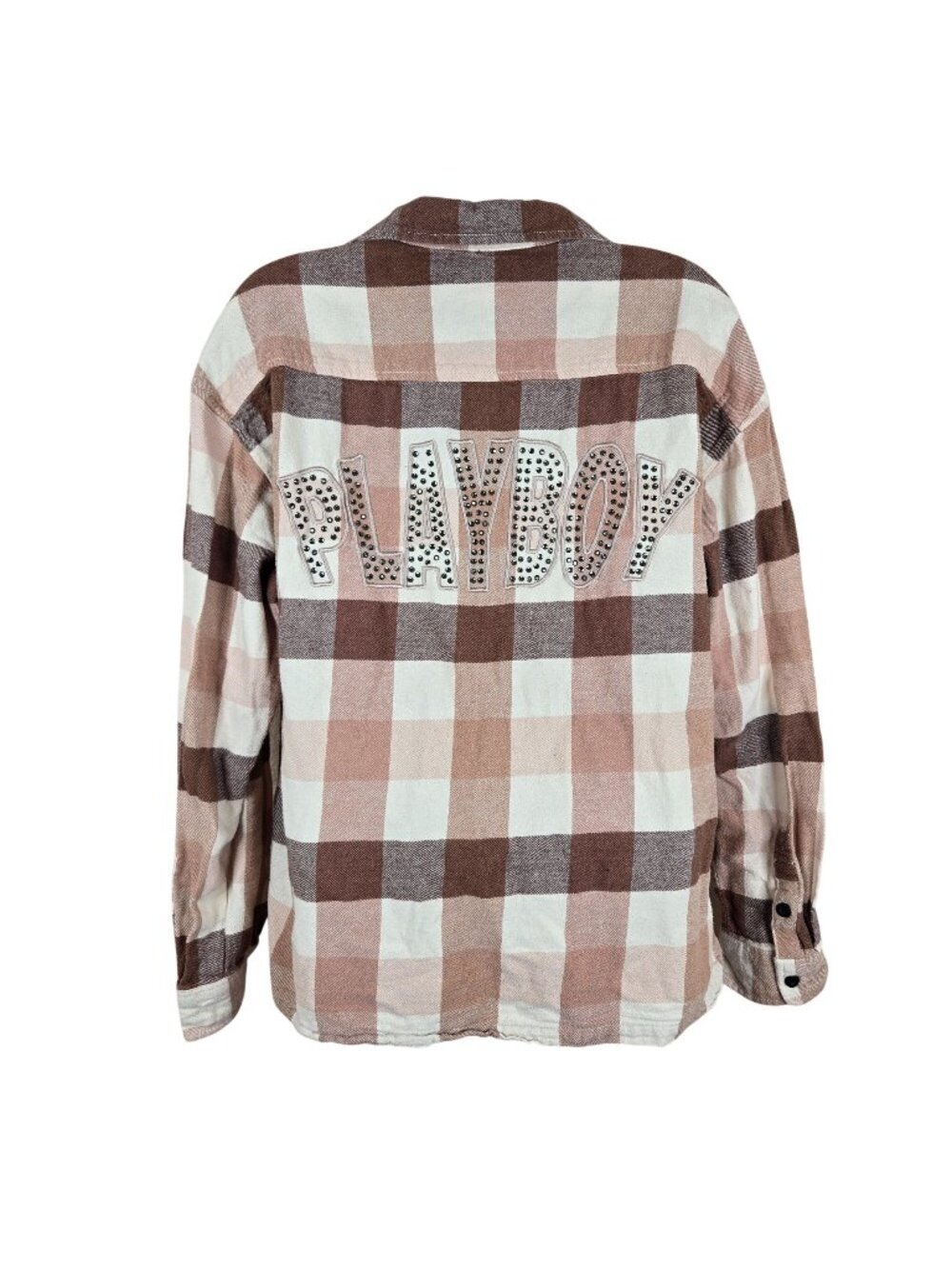 Playboy PacSun Womens M Flannel Shirt Brown Cream Plaid Rhinestone Logo